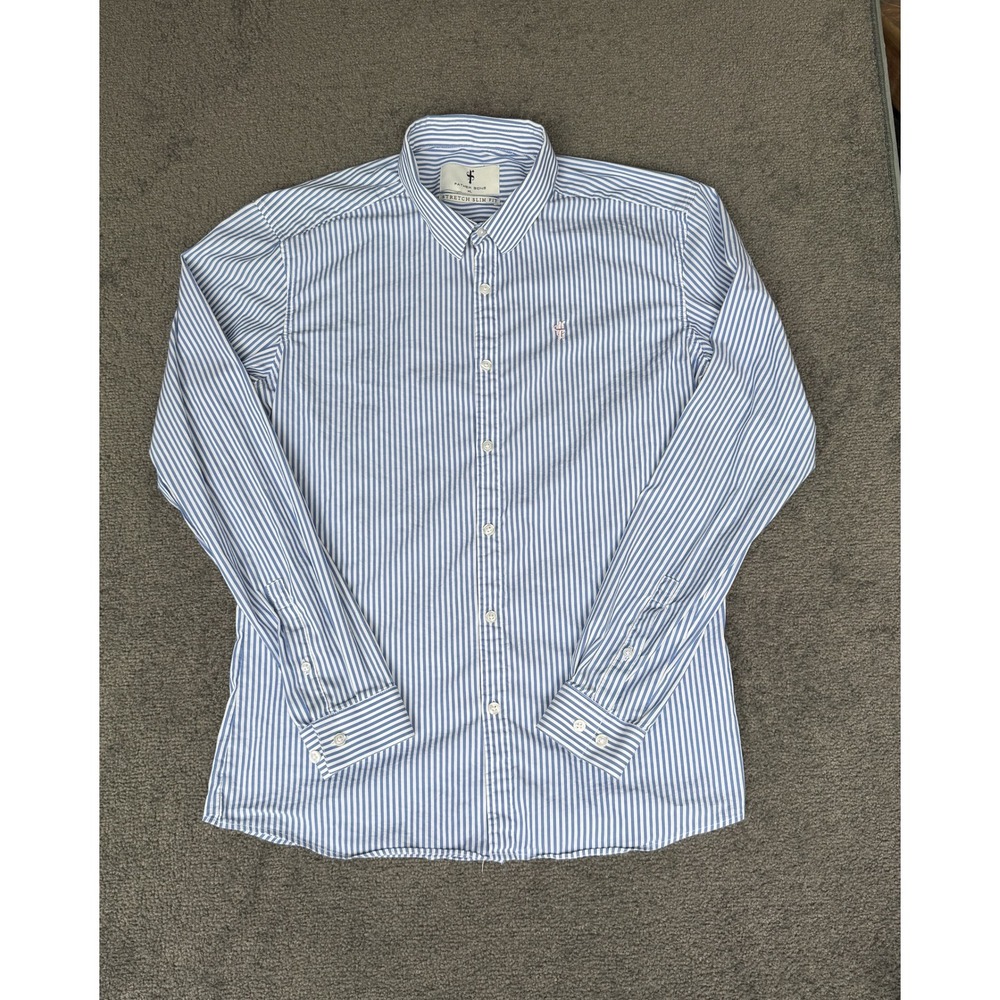 Father Sons Stretch Slim Fit Shirt Blue White Stripe Long Sleeve Mens XL FS112H